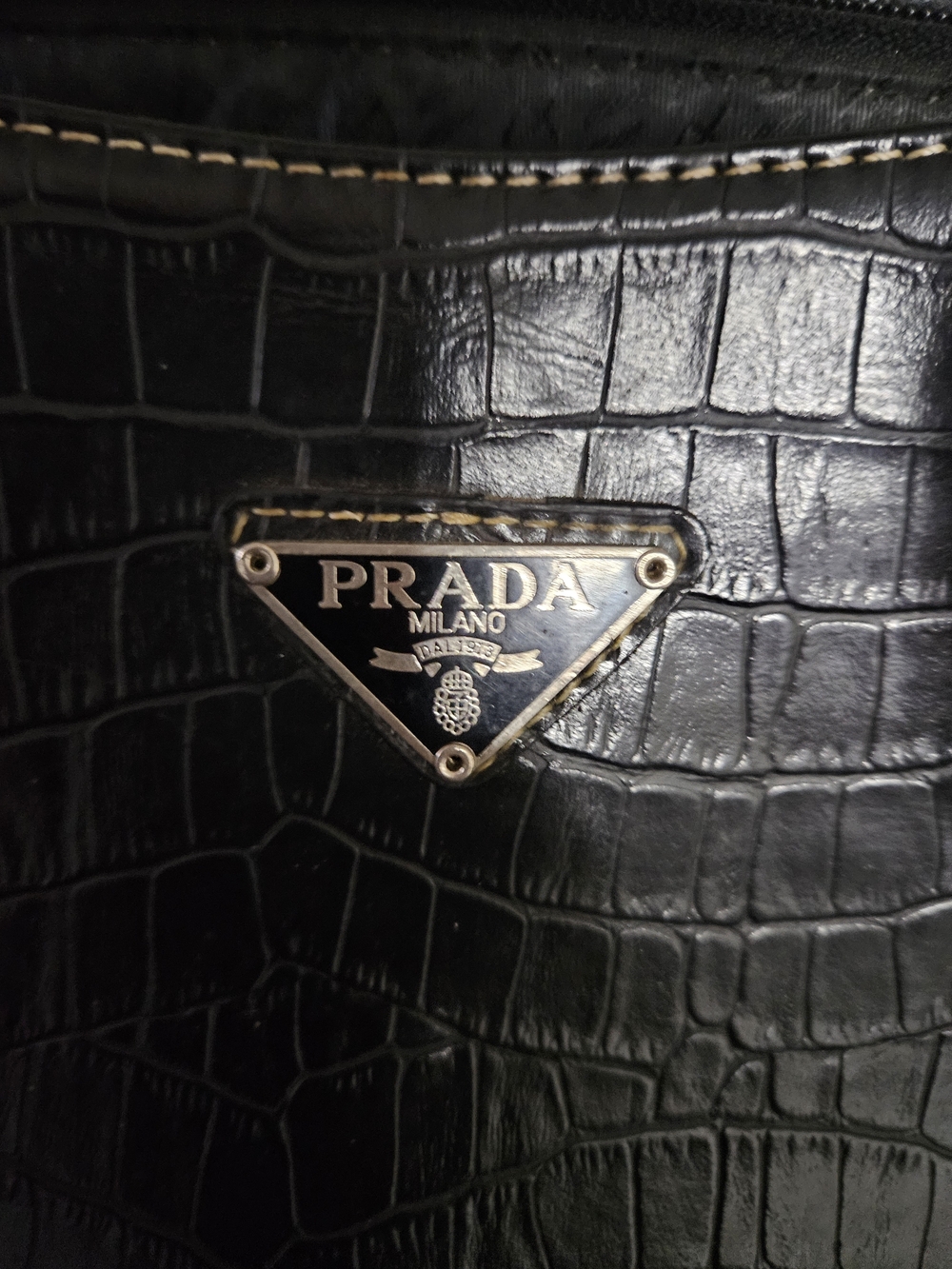 Prada Black Croc-Embossed Tote with Triangle Logo Plaque - Picture 3 of 4